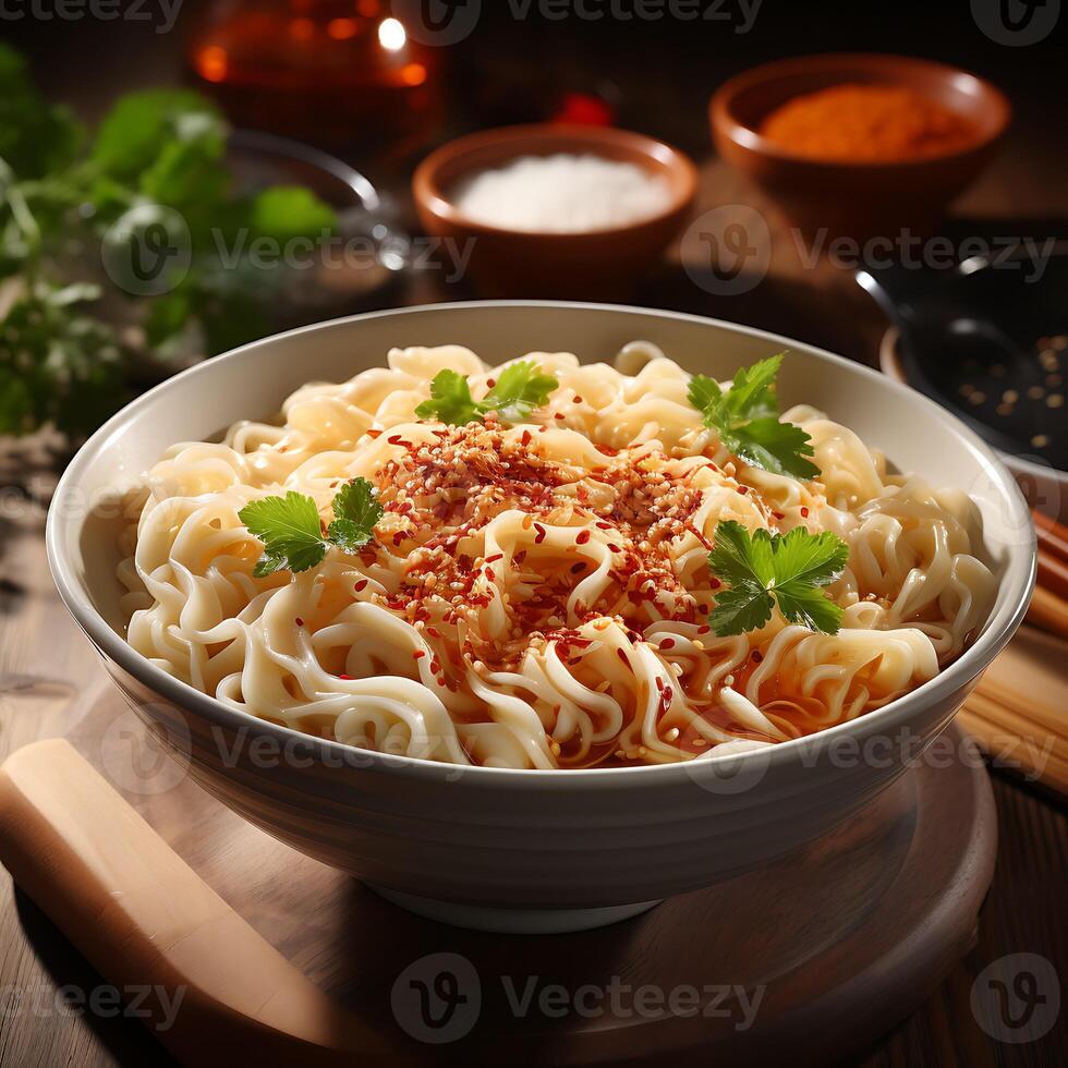 AI generated A white cup of noodles on wooden table photo