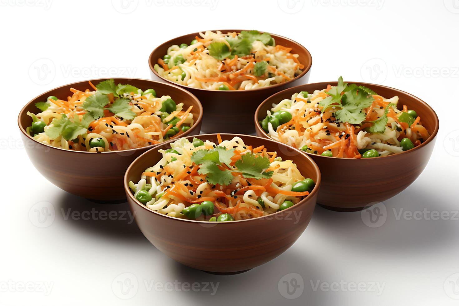 AI generated Bowls of noodles with carrot, celery and parsley. Four bowl of noodles photo