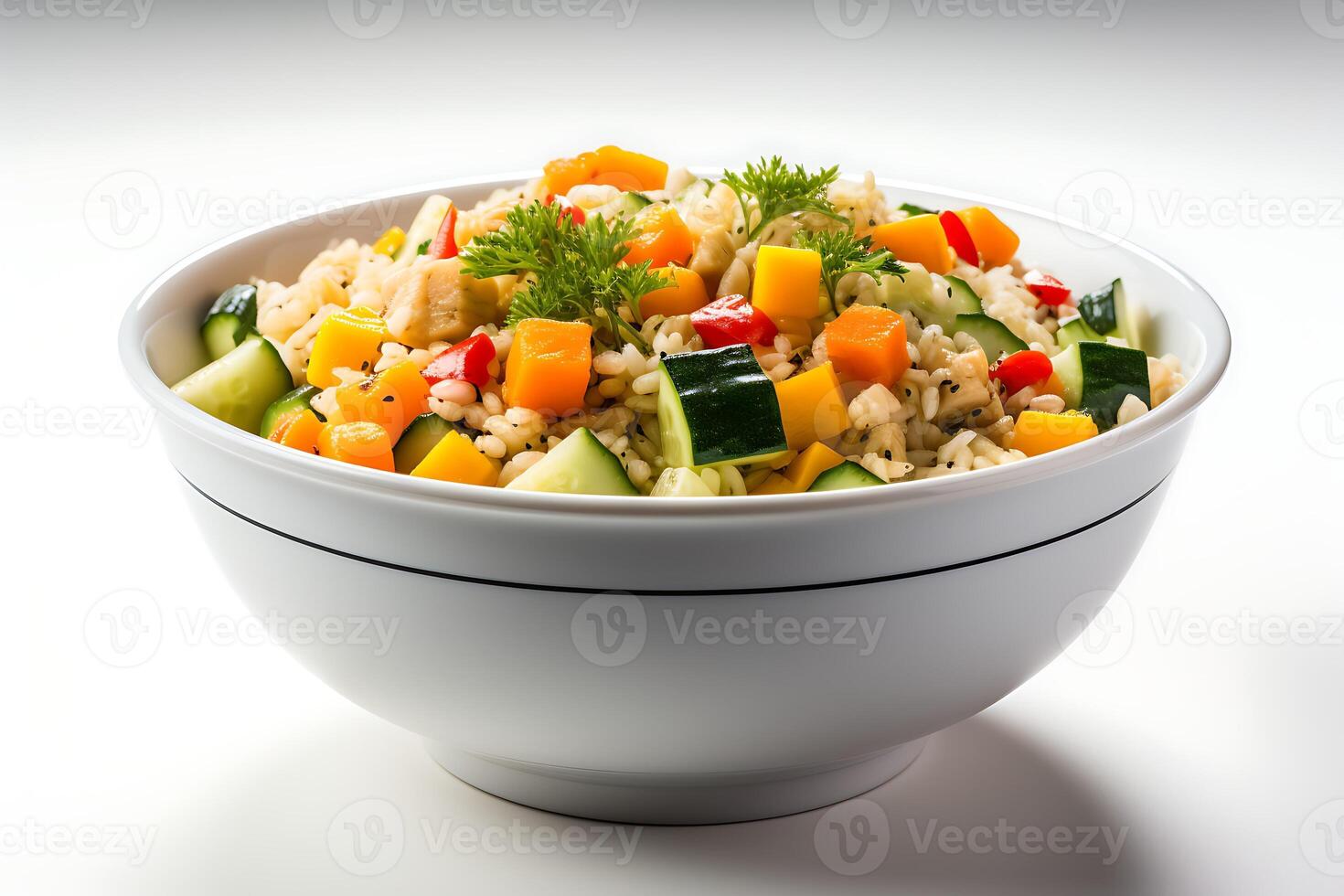 AI generated Noodles with vegetables and herbs in a white bowl photo