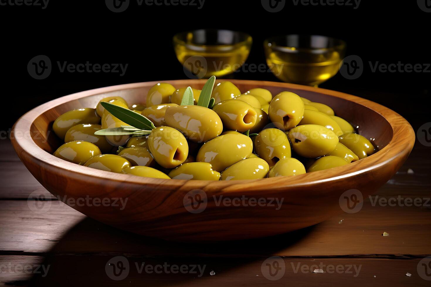 AI generated Extra virgin olive oil flows on a wooden bowl full of green olives photo