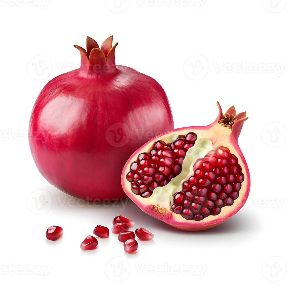 AI generated Pomegranate with cut in half isolated on white background photo