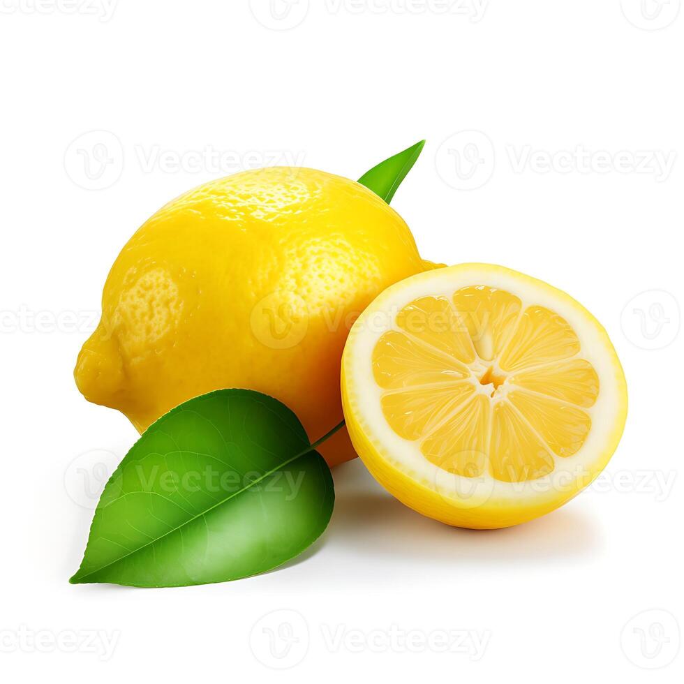 AI generated Group of lemons with leaves, isolated on white background photo