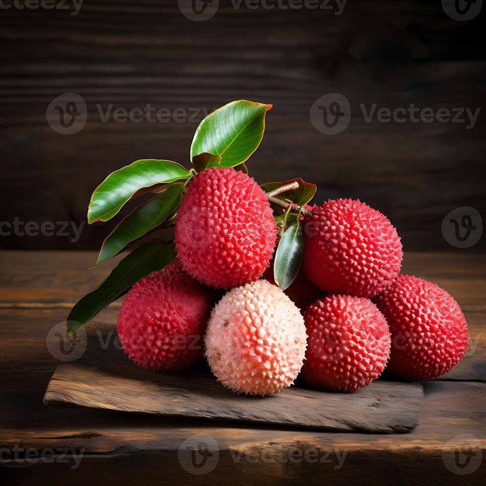 AI generated Fresh litchi fruits in old rustic wooden background photo