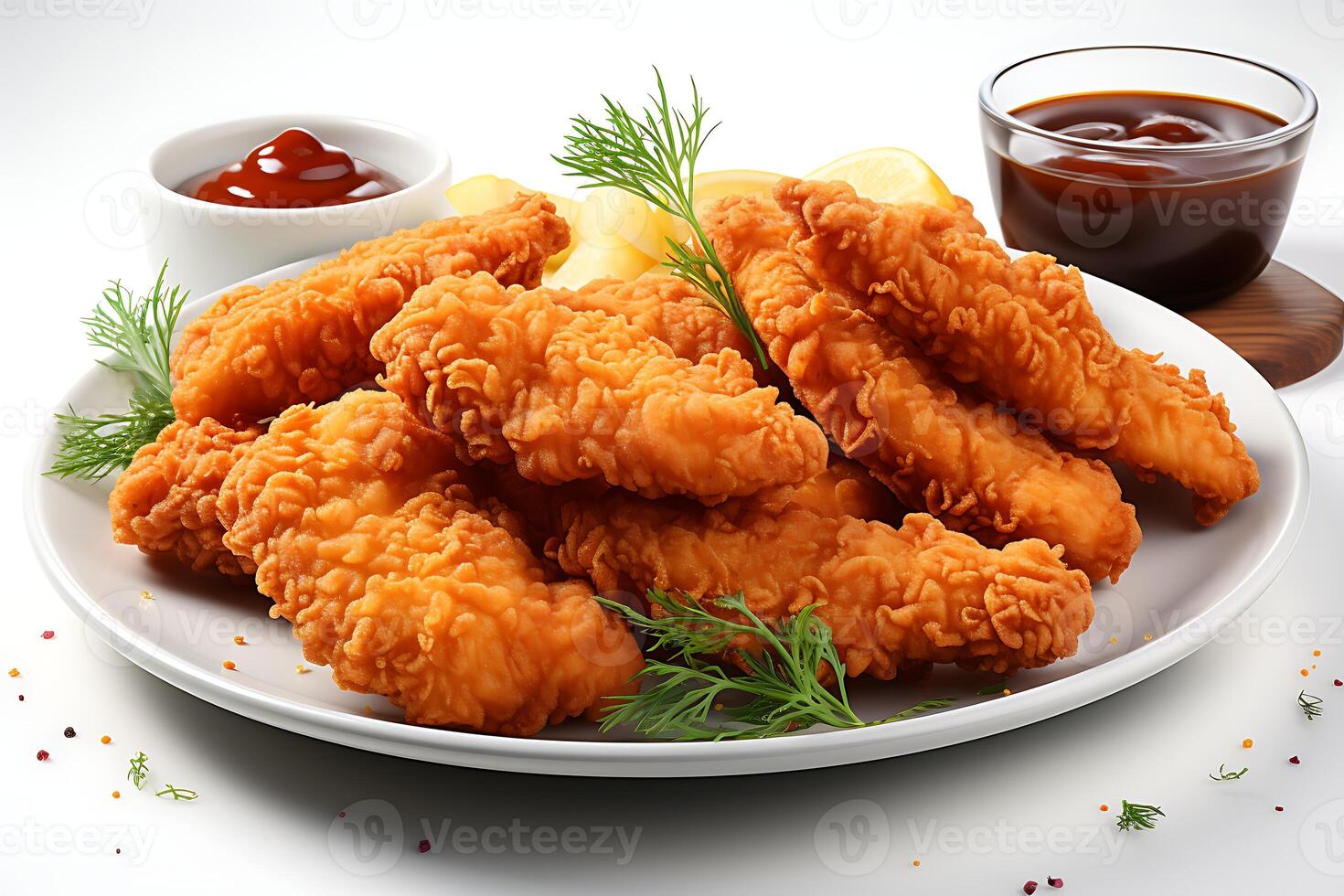 AI generated Plate with tasty chicken fry on white background photo