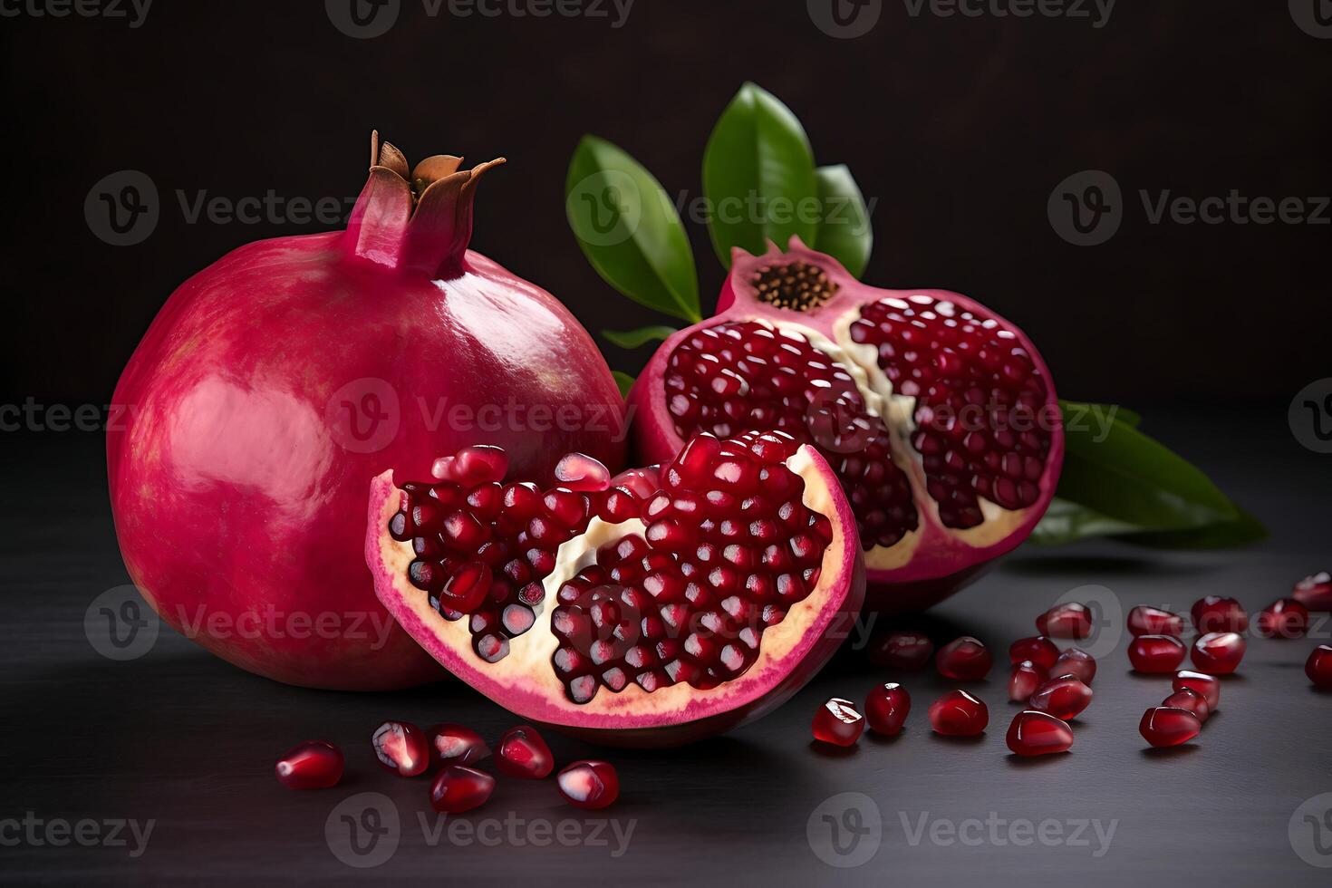 AI generated Pomegranate with slice and leaves isolated black background photo