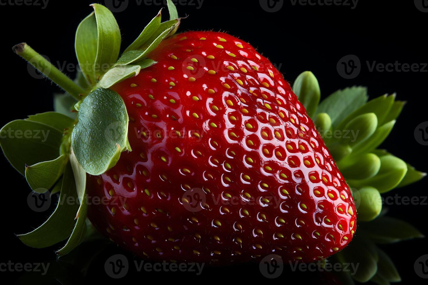 AI generated Strawberry with leaves. Isolated on black background. photo