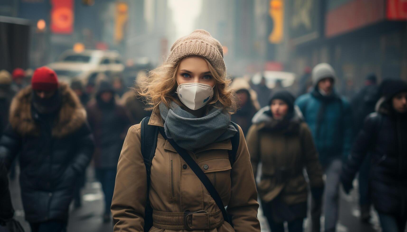 ai generado joven adultos caminando en el ciudad, vistiendo calentar invierno ropa generado por ai foto