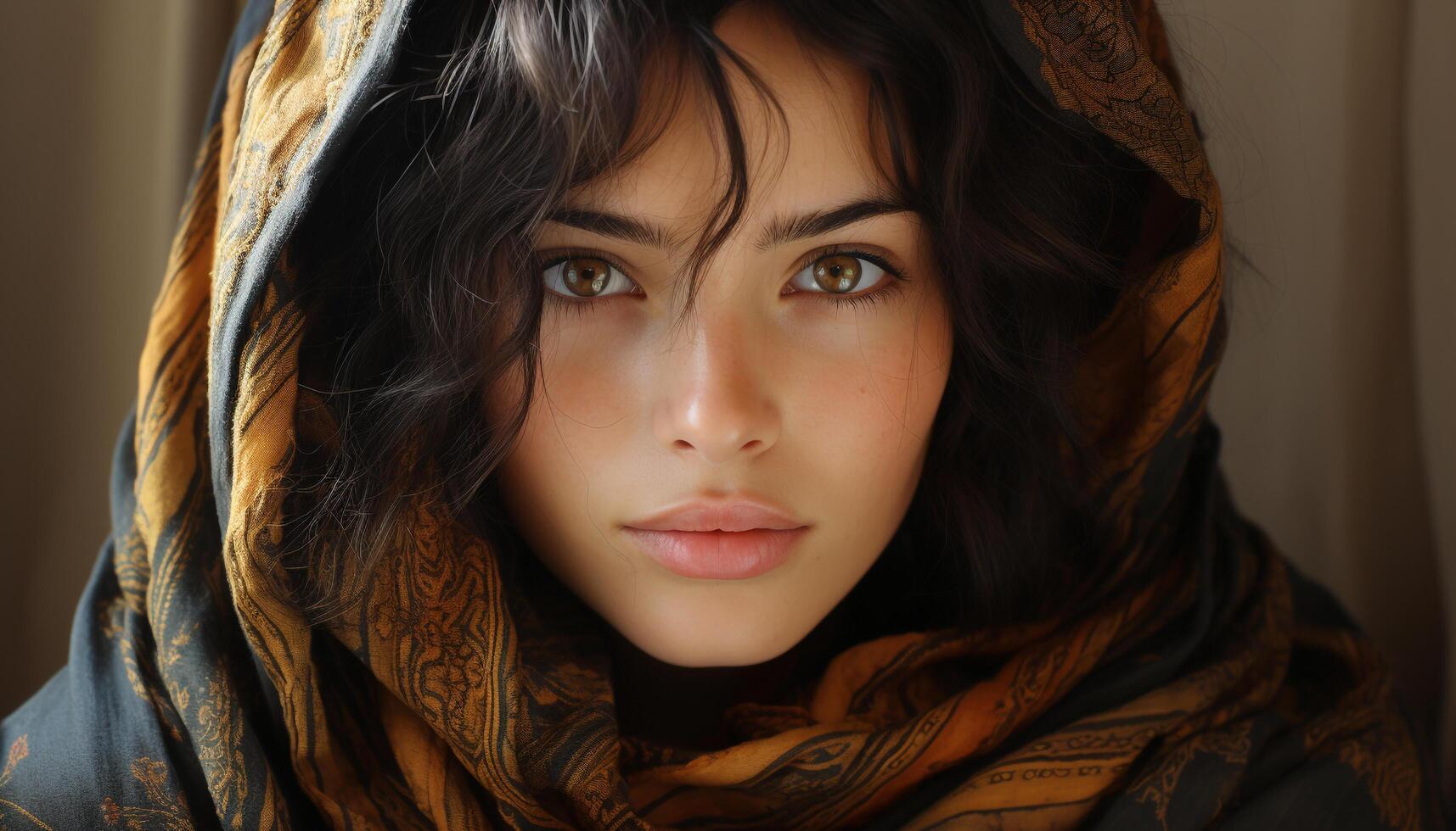 AI generated A beautiful young woman, confident and smiling, looking at camera generated by AI photo
