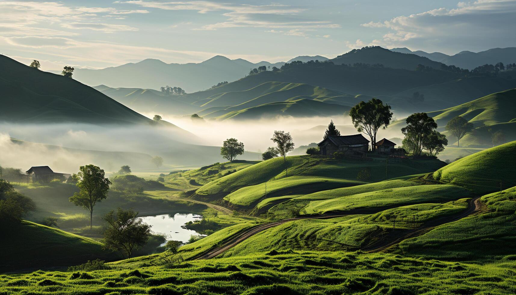 AI generated Tranquil sunrise over rice paddy, meadow, and mountain range generated by AI photo