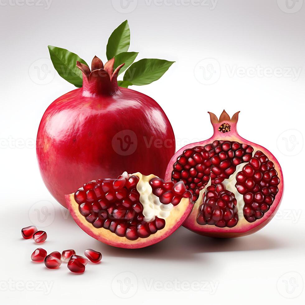 AI generated Realistic pomegranate whole, half and seeds with green leaves photo
