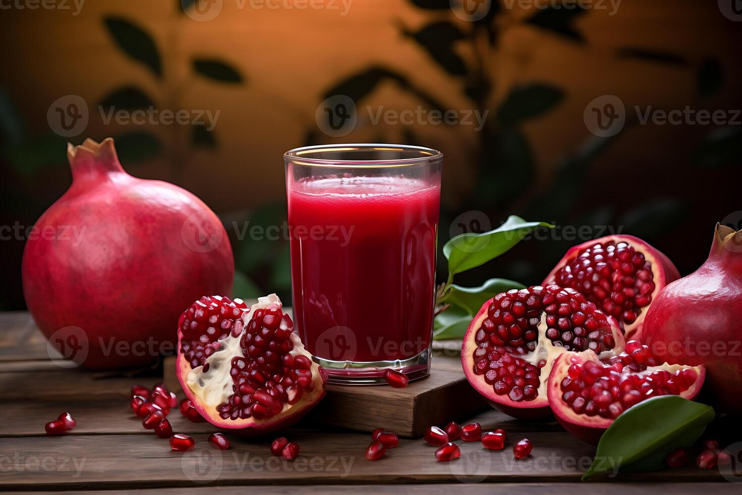 AI generated Pomegranate juice with fresh fruits on wooden table photo