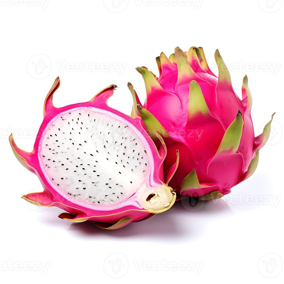 AI generated Delicious cut and whole dragon fruit or pitahaya on white background photo