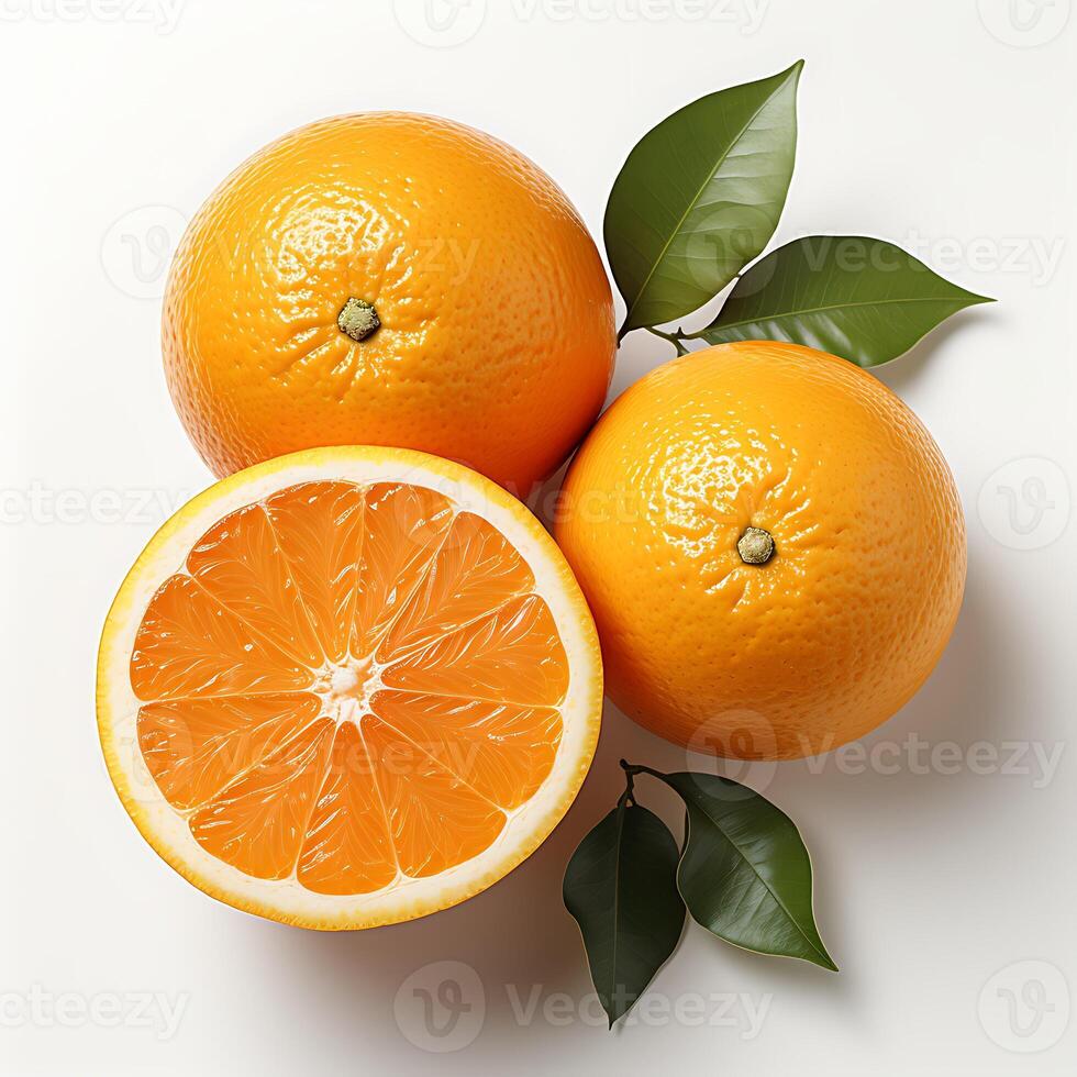 AI generated Fresh orange fruit with leaves isolated on white background photo