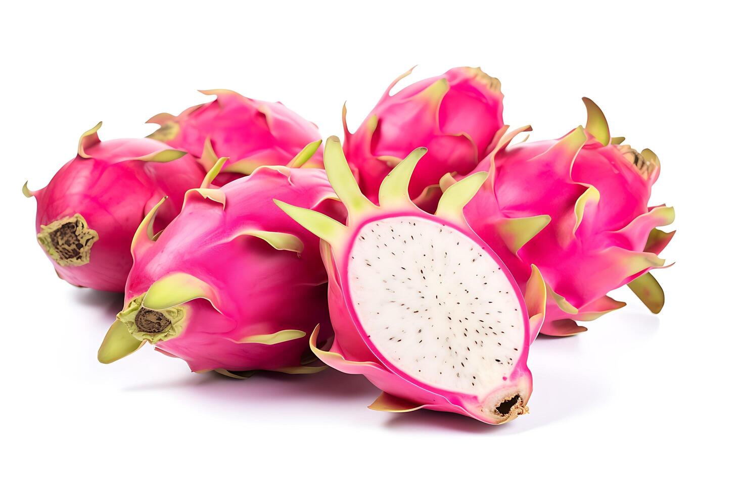 AI generated Delicious cut and whole dragon fruit or pitahaya on white background photo
