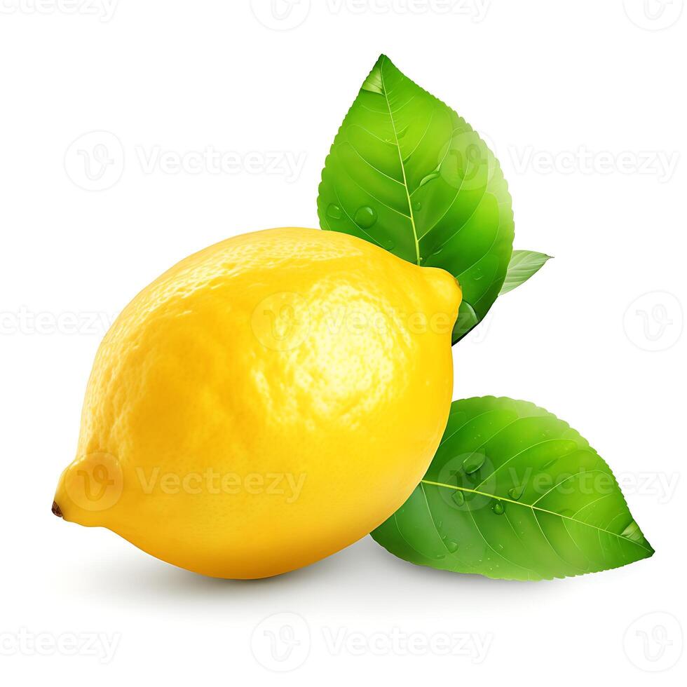AI generated Lemon with green leaf isolated on white background photo