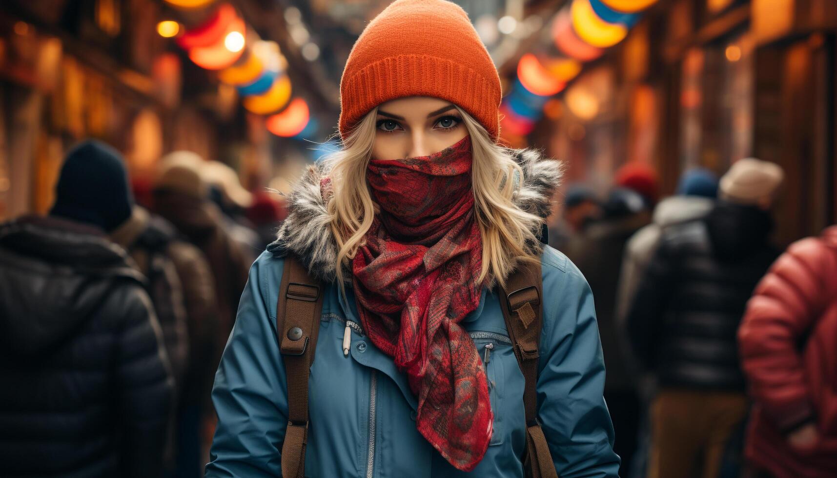 ai generado un alegre joven mujer, sonriente, caminando en el invierno ciudad generado por ai foto