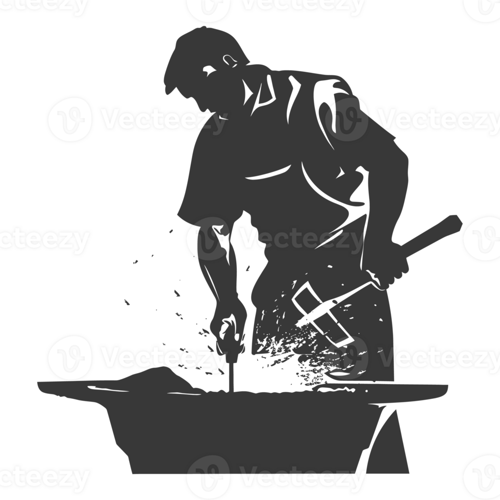 AI generated Silhouette blacksmith in action black color only full body png