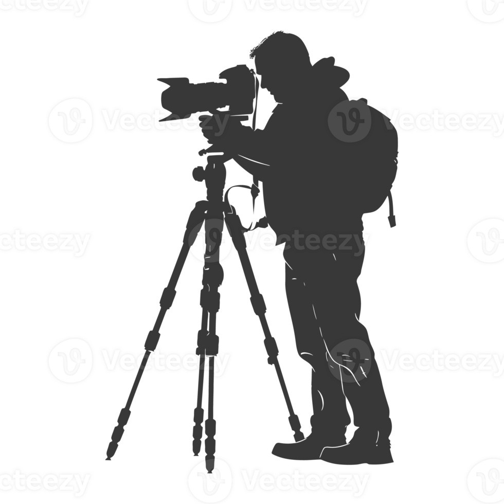 AI generated Silhouette cameraman or videographer in action black color only full body png