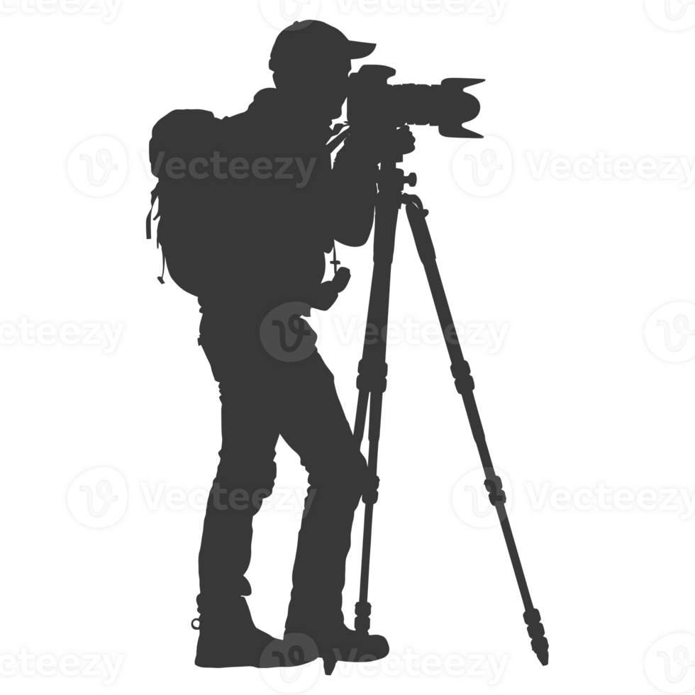 AI generated Silhouette cameraman or videographer in action black color only full body png