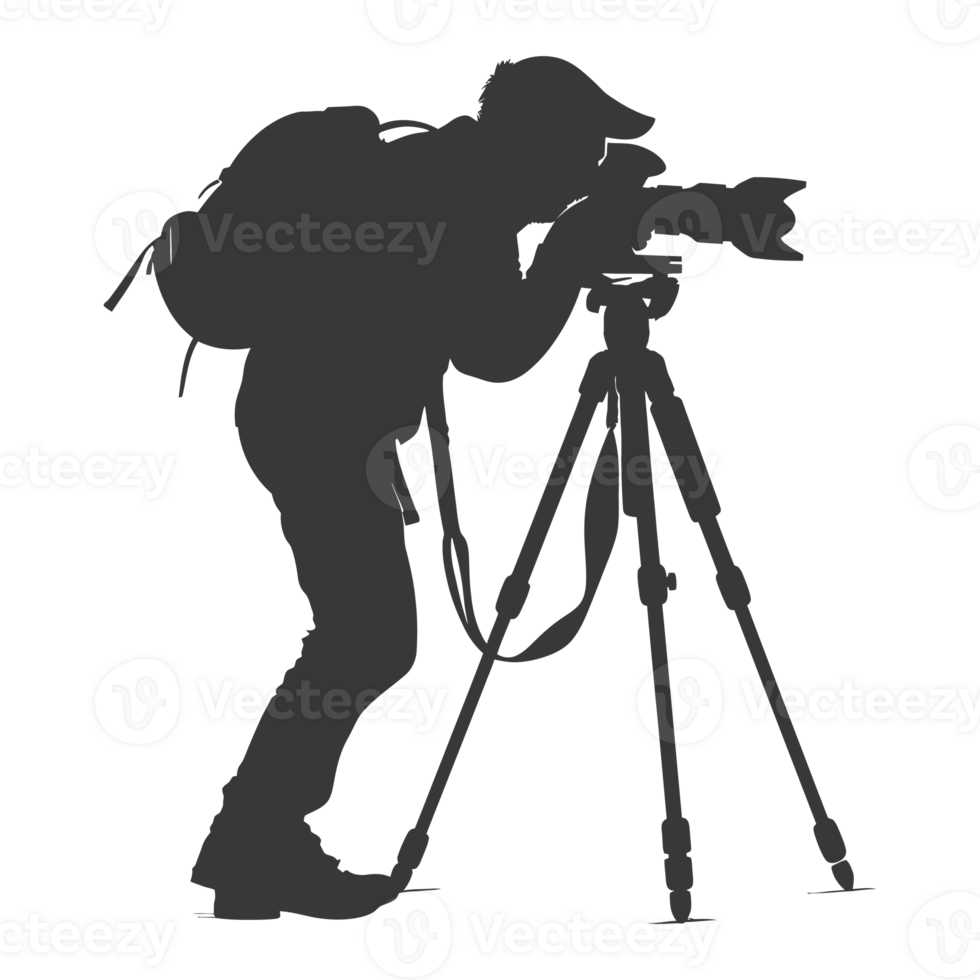 AI generated Silhouette cameraman or videographer in action black color only full body png