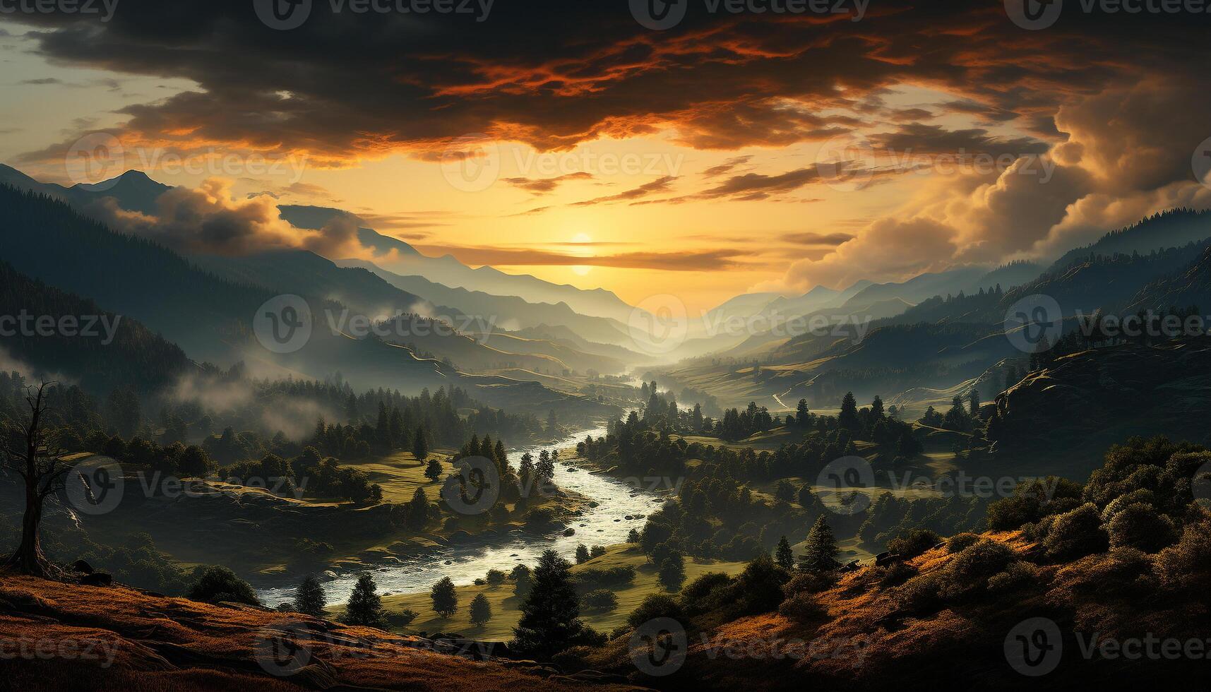 AI generated Mountain landscape at sunset  tree, forest, meadow, sky, beauty, sunlight generated by AI photo