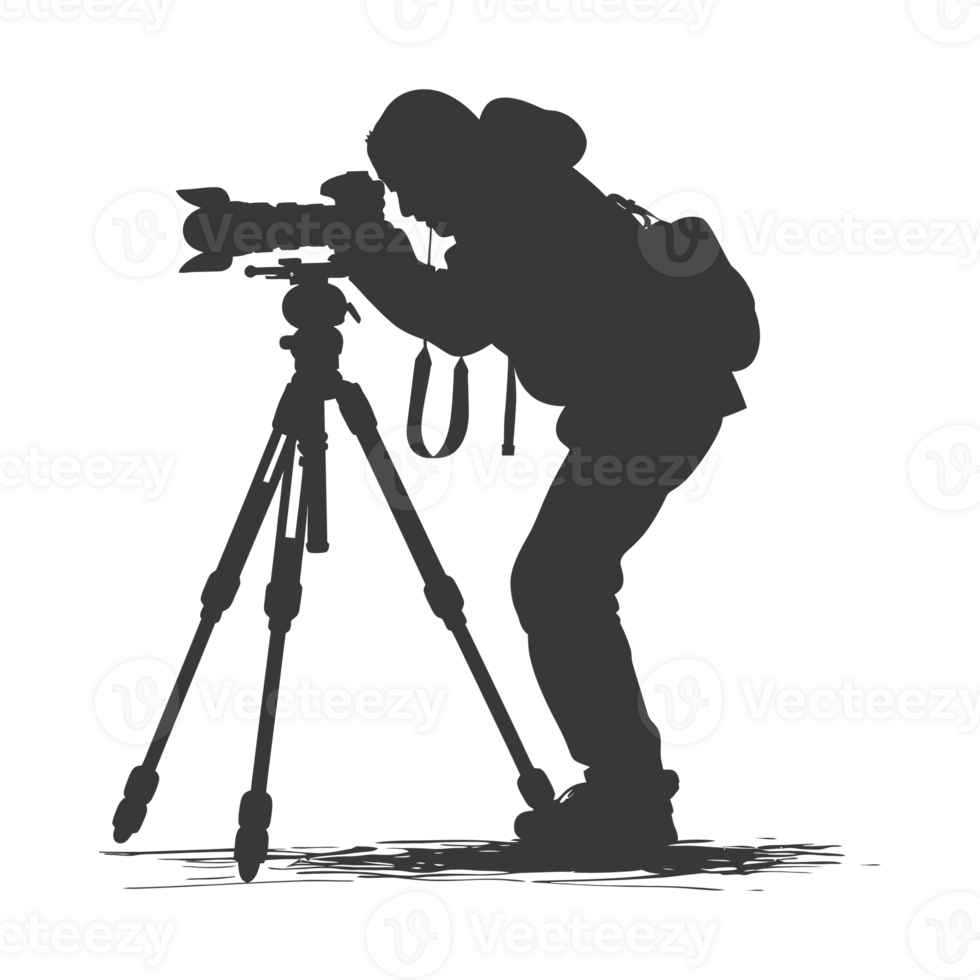 AI generated Silhouette cameraman or videographer in action black color only full body png