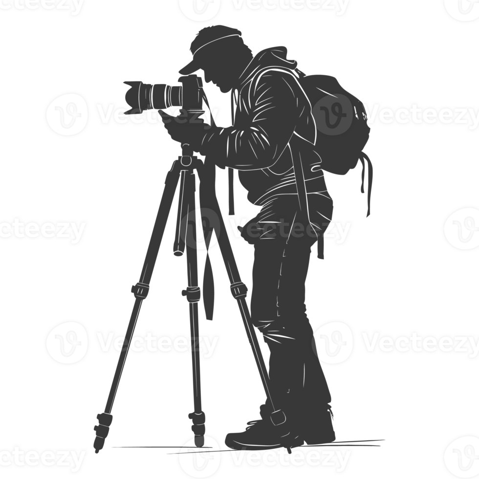 AI generated Silhouette cameraman or videographer in action black color only full body png