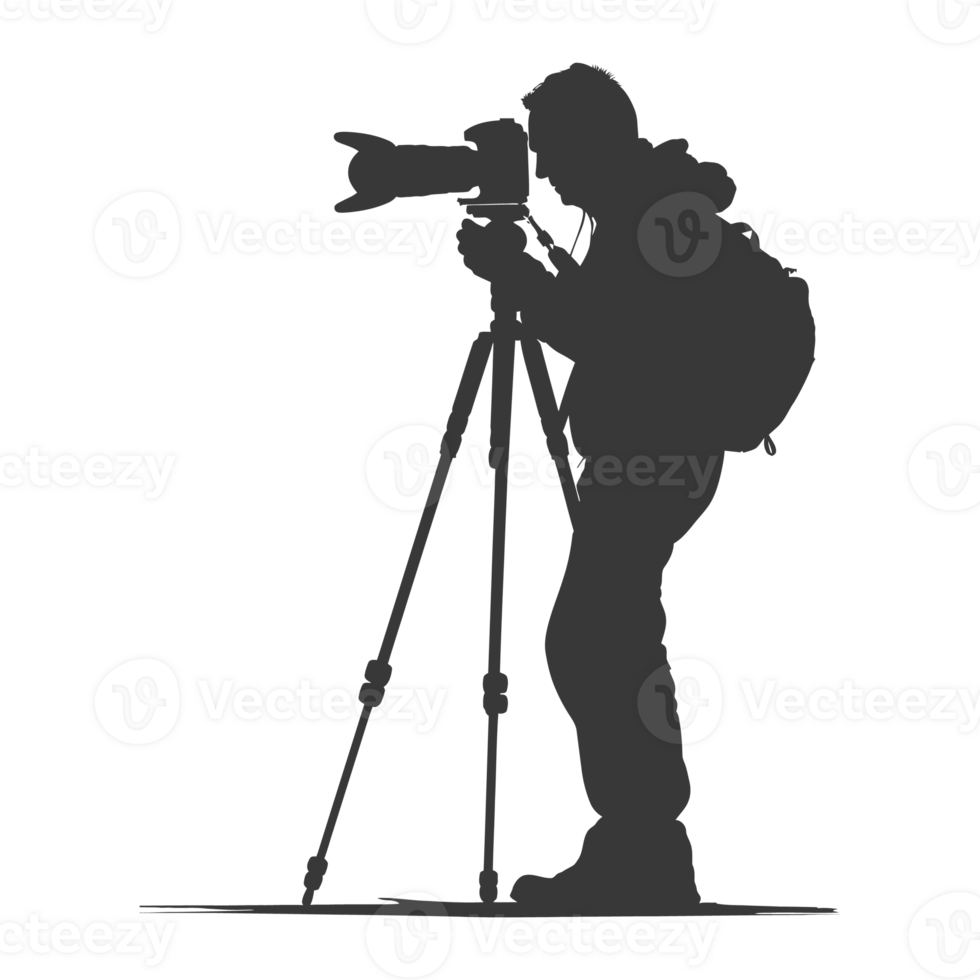 AI generated Silhouette cameraman or videographer in action black color only full body png