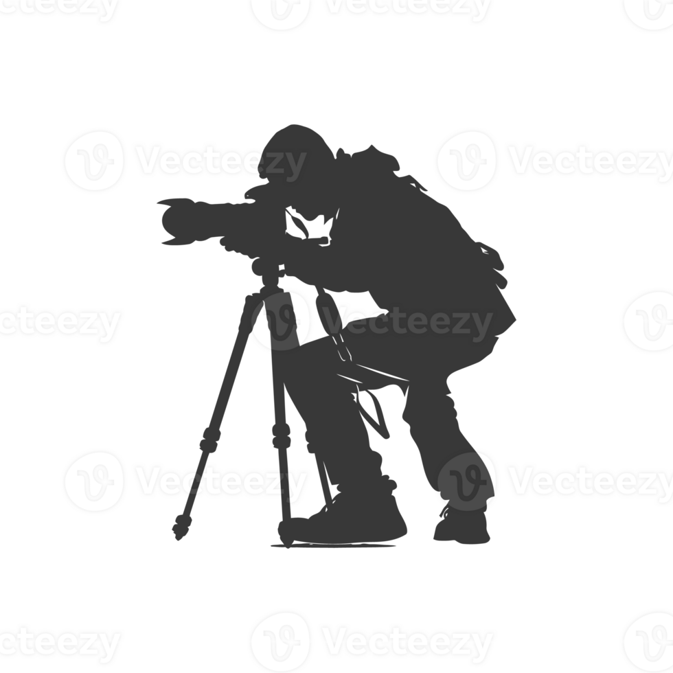 AI generated Silhouette cameraman or videographer in action black color only full body png