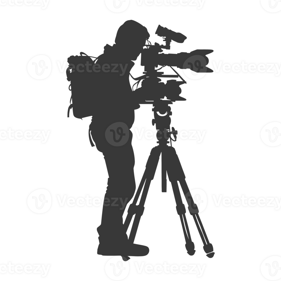 AI generated Silhouette cameraman or videographer in action black color only full body png