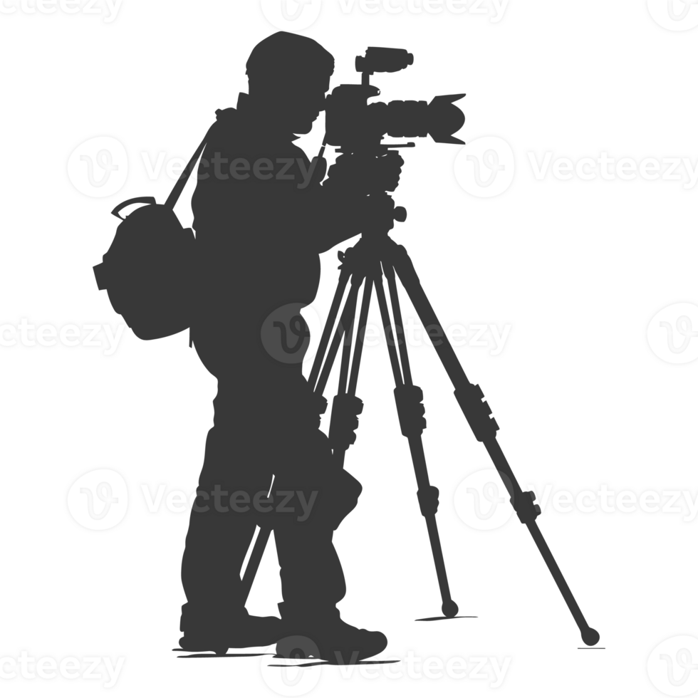 AI generated Silhouette cameraman or videographer in action black color only full body png