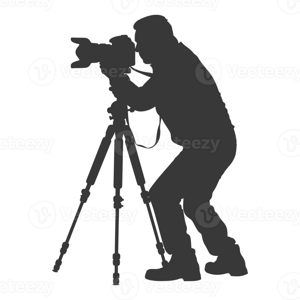 AI generated Silhouette cameraman or videographer in action black color only full body png
