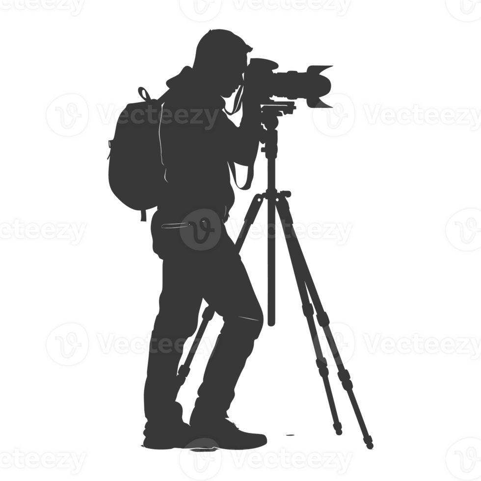 AI generated Silhouette cameraman or videographer in action black color only full body png