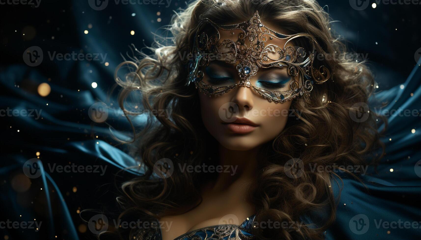 AI generated Young woman in a glamorous mask exudes elegance and sensuality generated by AI photo