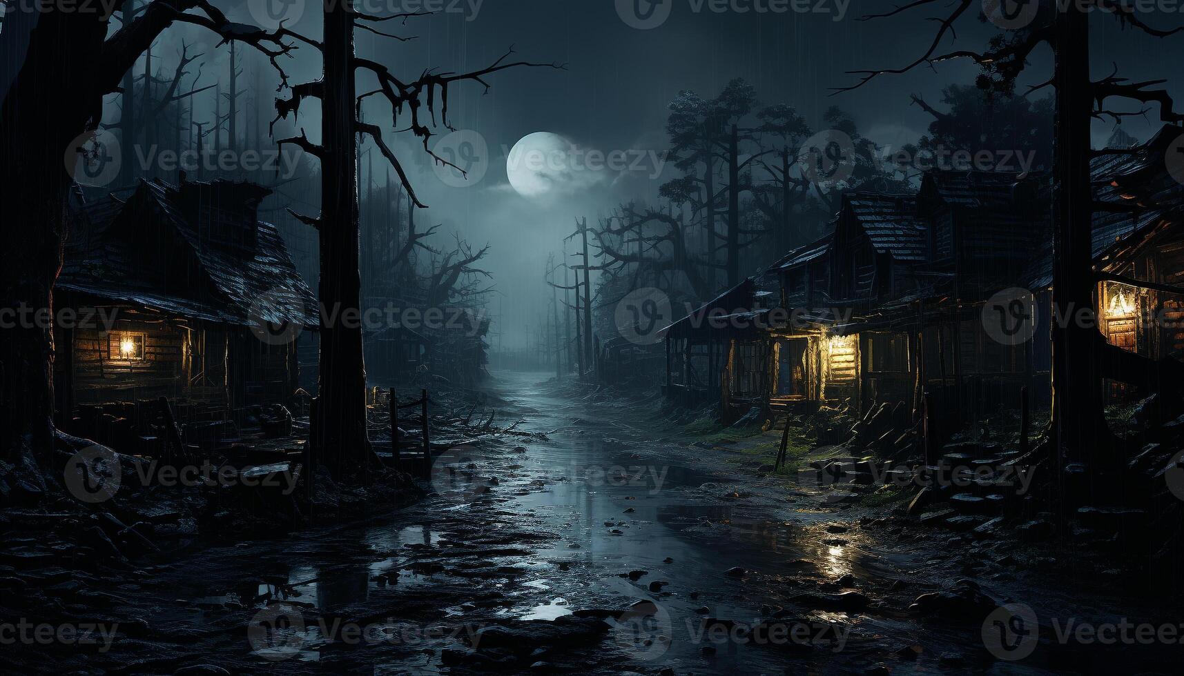 AI generated Spooky moonlight reveals dark horror in abandoned forest generated by AI photo