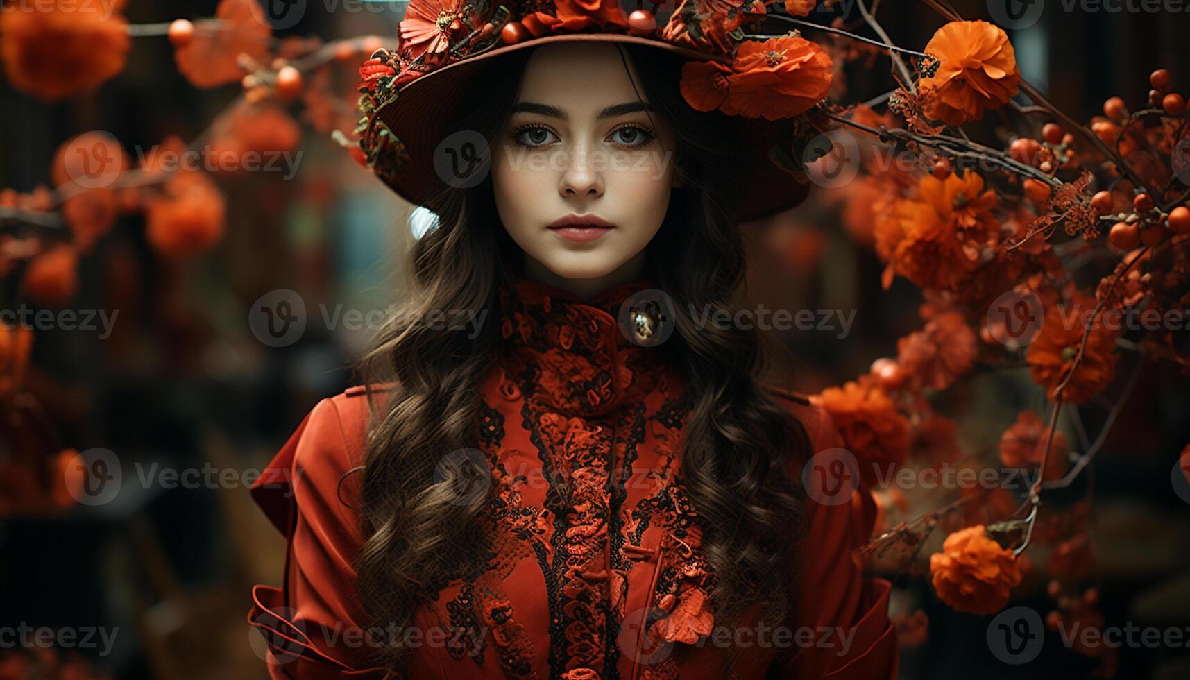 AI generated Beautiful woman in traditional dress, smiling, surrounded by autumn leaves generated by AI photo