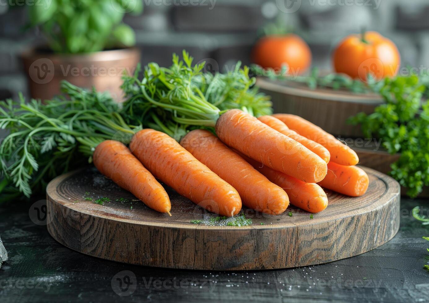 AI generated Fresh raw carrots on wooden cutting board and dark