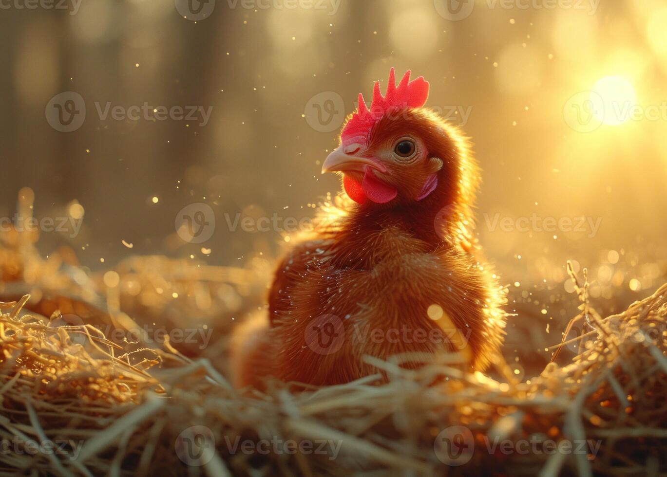 AI generated Cute little chicken sits in the hay on farm photo