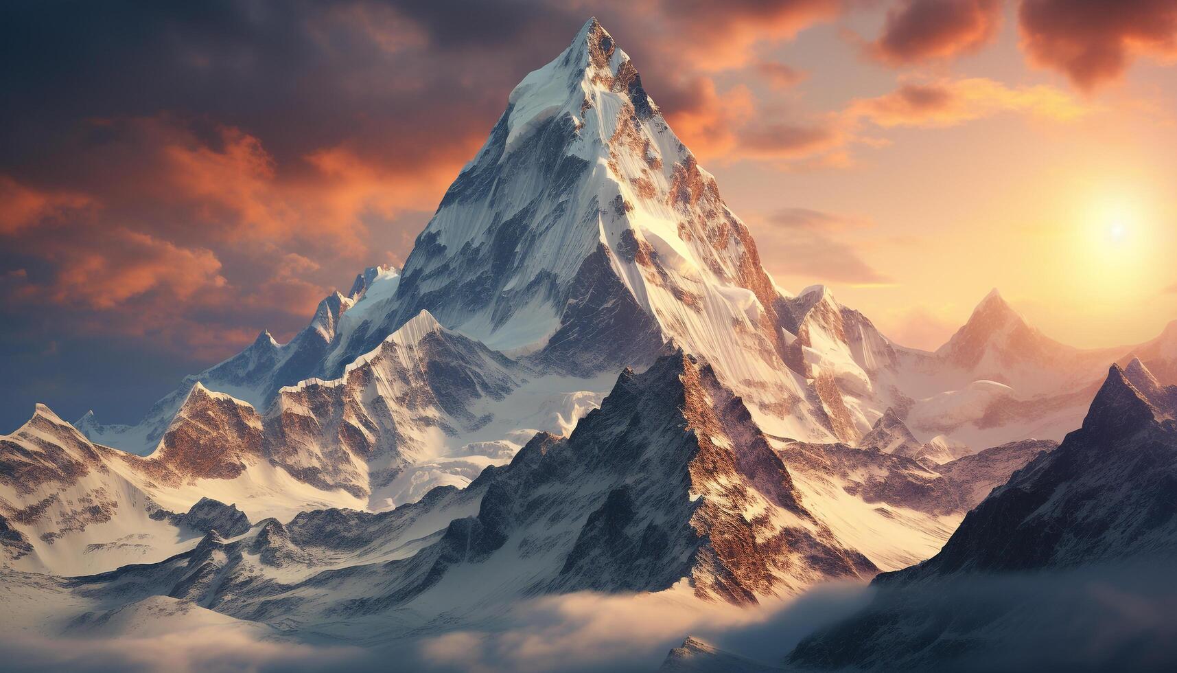 ai generado majestuoso montaña cima, nieve cubierto paisaje, puesta de sol terminado panorámico montaña rango generado por ai foto
