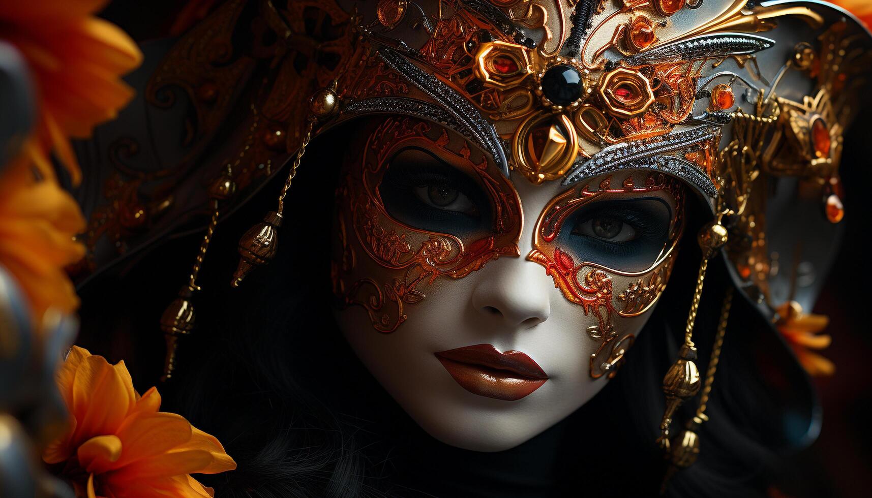 AI generated A glamorous woman in a gold mask exudes elegance generated by AI photo