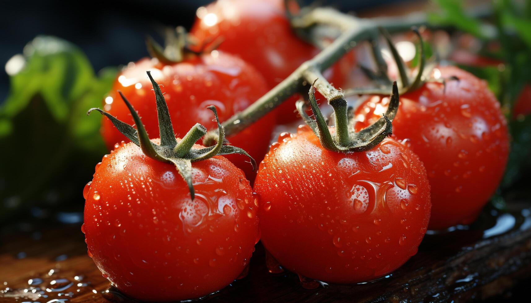 AI generated Fresh, ripe tomato slice on wooden plate, healthy and delicious generated by AI photo