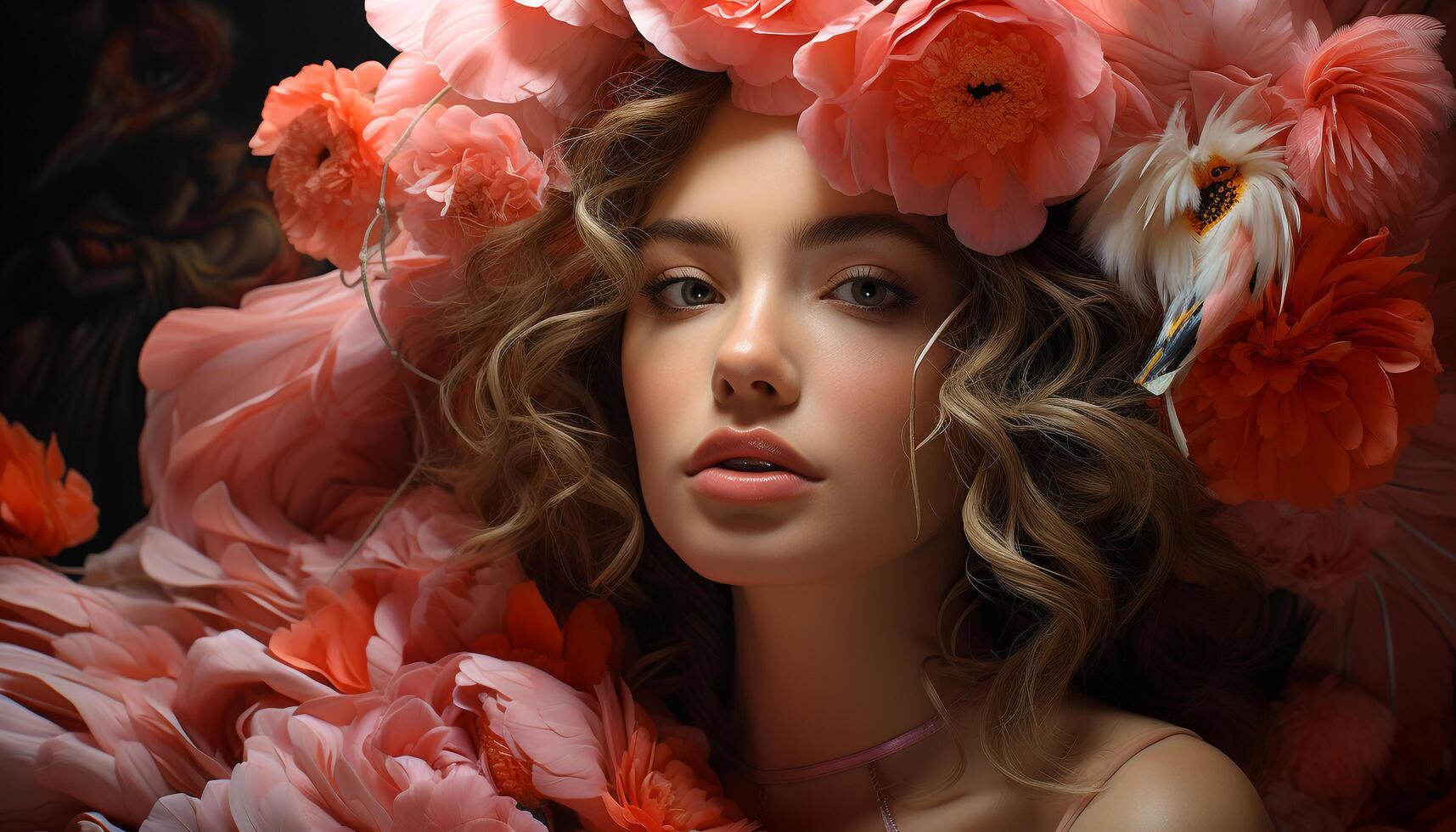 AI generated A beautiful blond woman with curly hair and a flower generated by AI photo