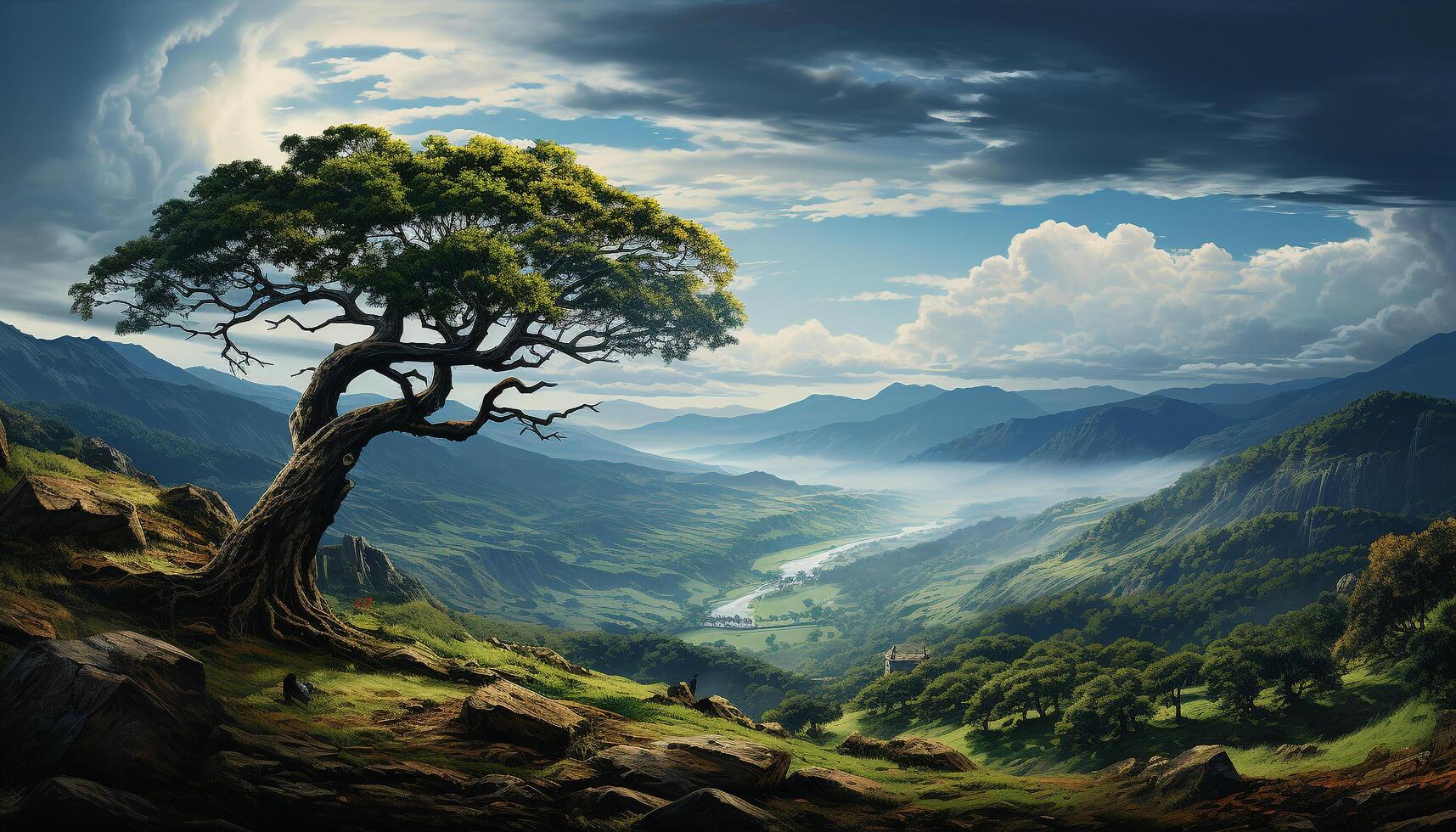 AI generated Majestic mountain peak, green forest, tranquil meadow, sunset adventure generated by AI photo