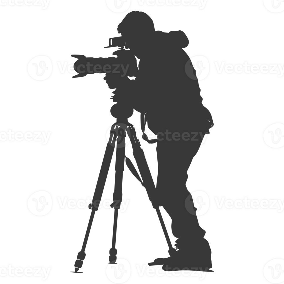 AI generated Silhouette cameraman or videographer in action black color only full body png