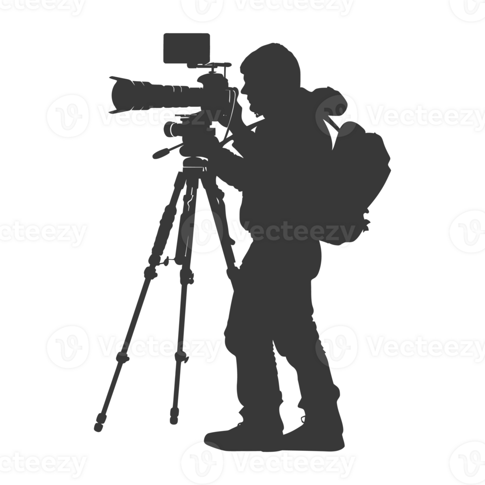 AI generated Silhouette cameraman or videographer in action black color only full body png