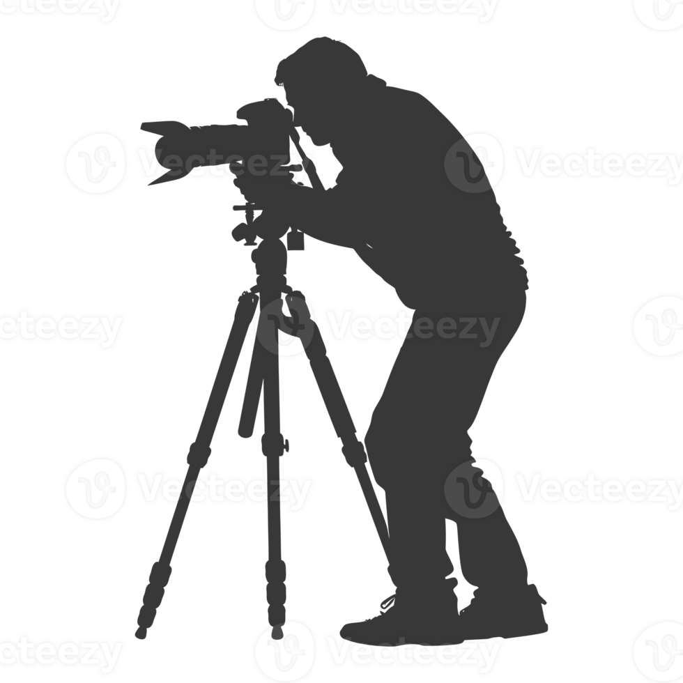 AI generated Silhouette cameraman or videographer in action black color only full body png