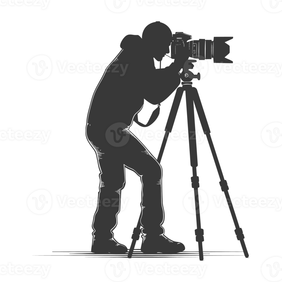 AI generated Silhouette cameraman or videographer in action black color only full body png