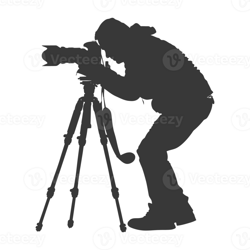 AI generated Silhouette cameraman or videographer in action black color only full body png