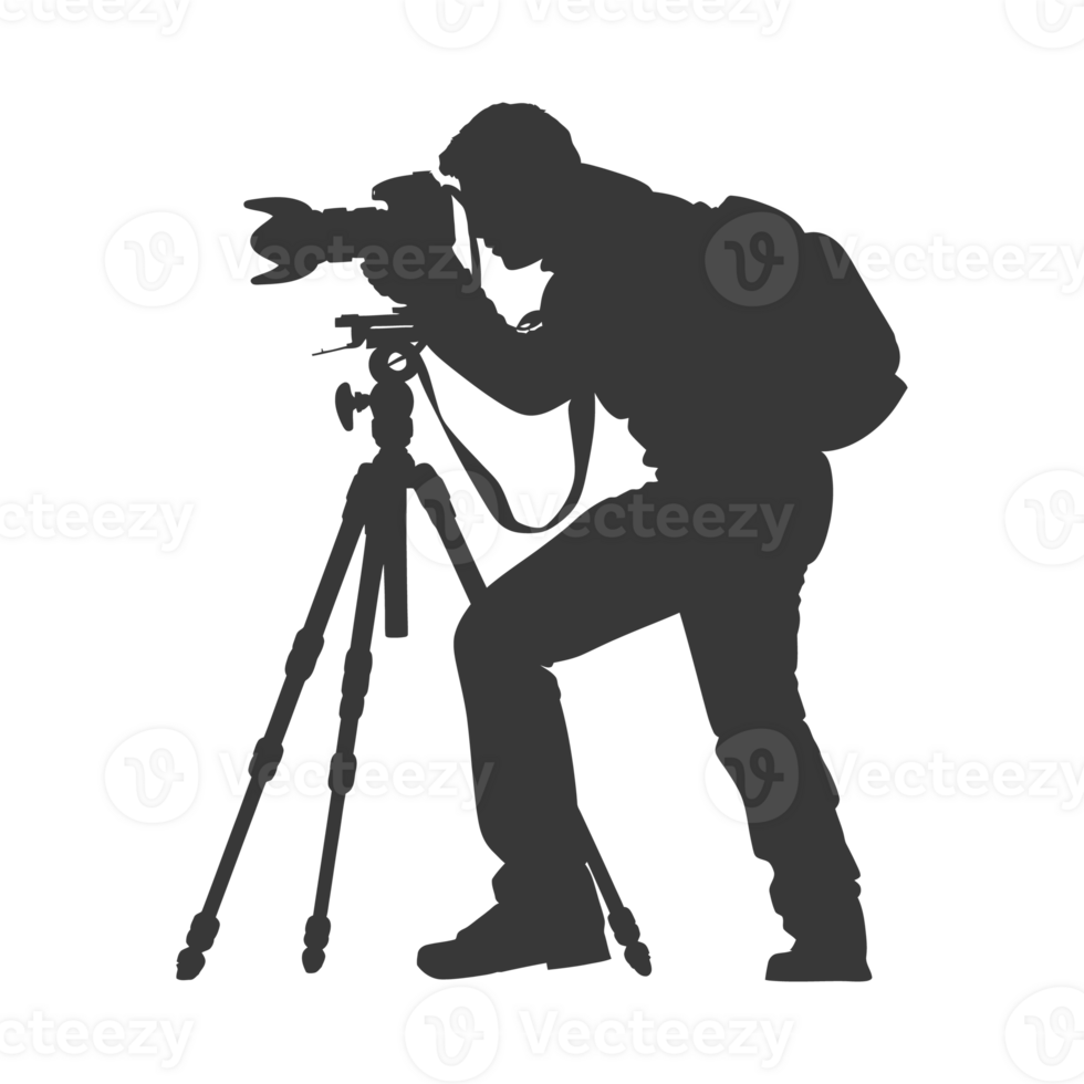 AI generated Silhouette cameraman or videographer in action black color only full body png