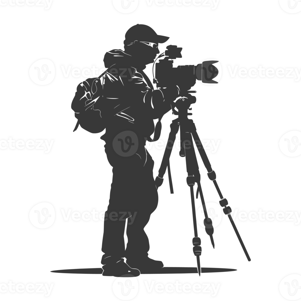 AI generated Silhouette cameraman or videographer in action black color only full body png